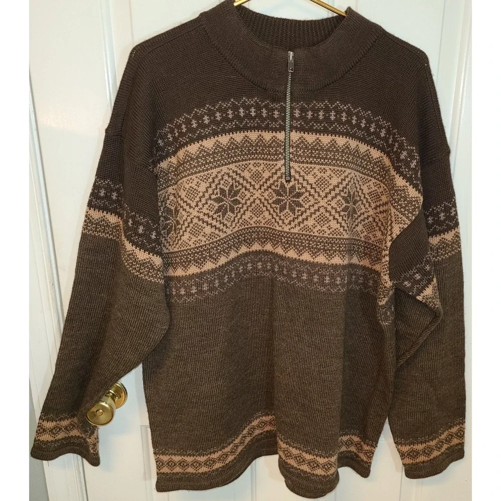 Vtg Herman Geist Wool Fair Isle Sweater Hand Embroidered Chocolate Brown‎ Tan Lg